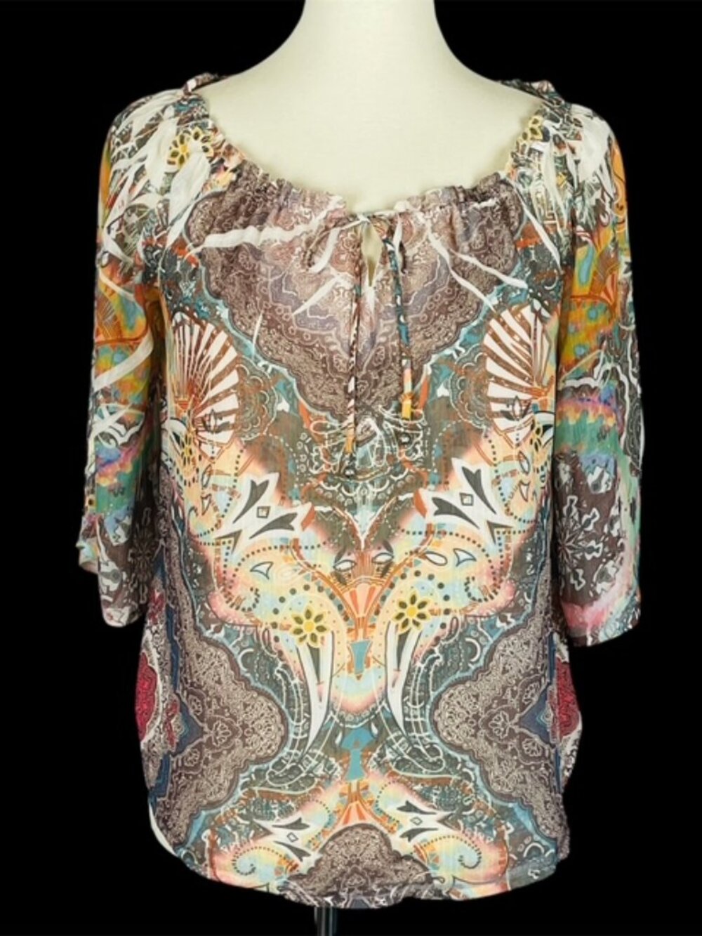 Energe World Wear 3/4 Sleeve Tunic Sz PS Paisley Sheer Boho Artsy Festival Fairy